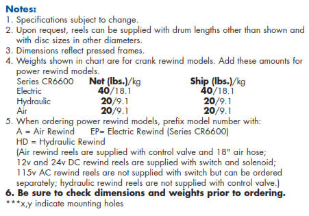 CR Series Pumper Cleaner Hose Reel - Notes